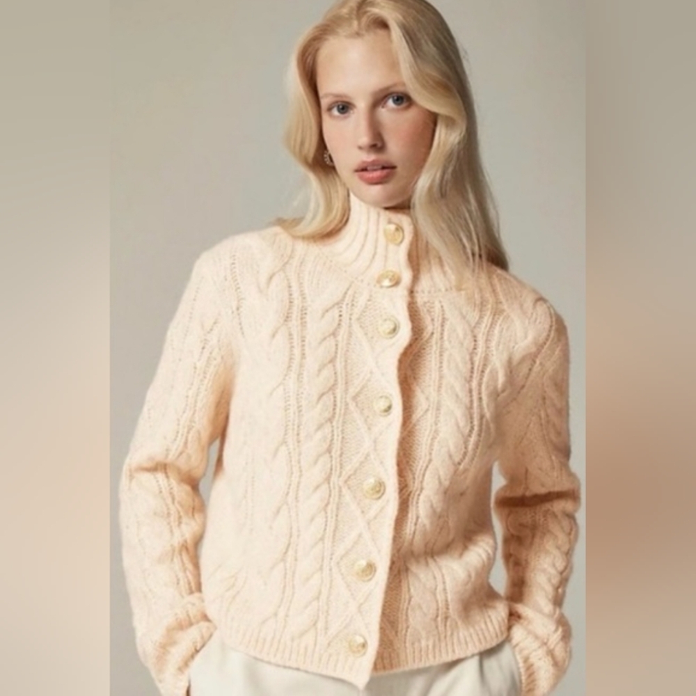 J.Crew Cable-Knit Turtleneck Cardigan Wool Blend Cropped Button Front Classic